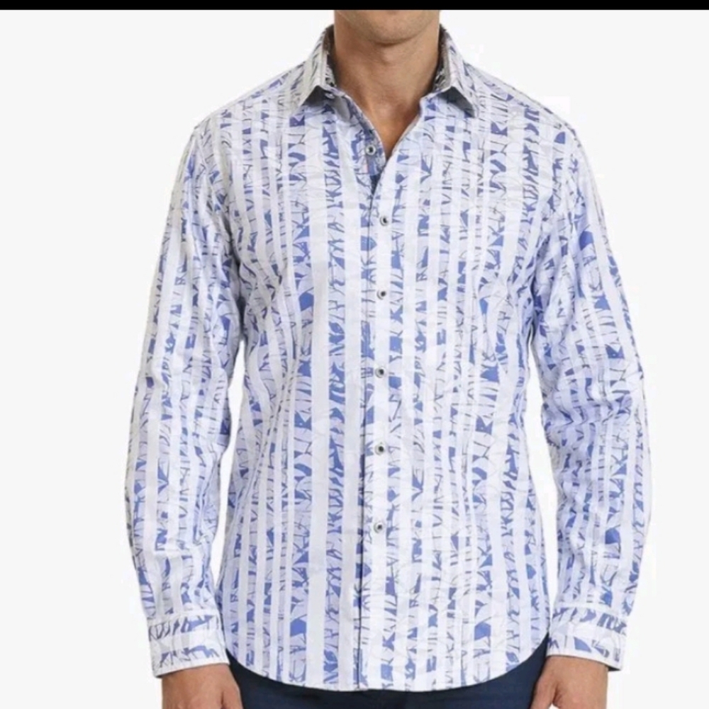 Robert Graham Men XL Blue Stripe Botanical Button Down Flip Cuff Salt River